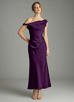 Azazie Emerson Bridesmaid Dresses Grape Mermaid Off the Shoulder Stretch Satin Dress image1