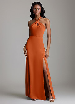Azazie Tracie Bridesmaid Dresses Burnt Orange A-Line Side Slit Stretch Satin Dress image1