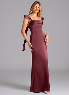 Azazie Adi Bridesmaid Dresses Merlot A-Line Pleated Stretch Satin Dress image3