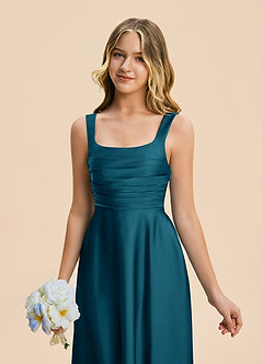 Azazie Azaria Junior Ink Blue A-Line Pleated Stretch Satin Dress image7