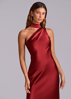 Azazie Seona Vestidos de madrinha de casamento Vestido Escarlate de Cetim elástico de sereia com Ombro Único image2