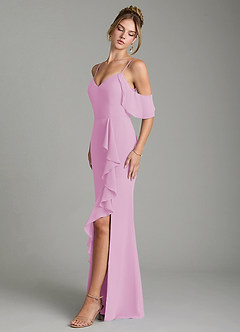 Azazie Alexys Bridesmaid Dresses Candy Pink Sheath Off the Shoulder Chiffon Dress image4