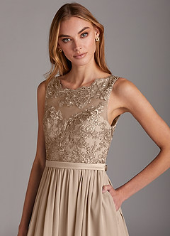 Azazie Elly Bridesmaid Dresses Taupe A-Line Lace Scoop Neck Chiffon Dress image6