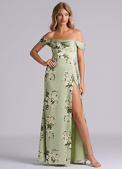 Azazie Saige Bridesmaid Dresses Floral Vines Sheath Off the Shoulder Stretch Satin Dress image4