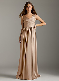 Azazie Keyla Bridesmaid Dresses Taupe A-Line Pleated Stretch Satin Dress image3