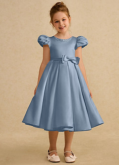 Azazie Pearl vestidos de niña de las flores Vestido de Azul Polvoriento de Satin Mate de Princesa con Plisado image5