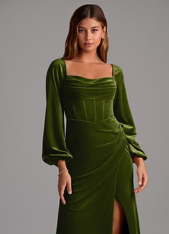 Azazie Charissa Bridesmaid Dresses Olive Sheath Long Sleeve Velvet Dress image6