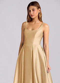 Azazie Amalie 신부 들러리 드레스 A라인 주름진 스트레치 새틴 티 길이 드레스 image6