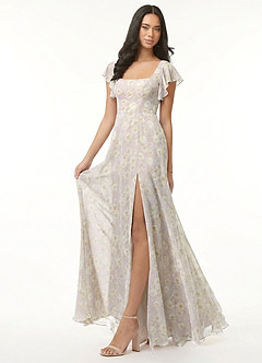 Azazie Bondi Bridesmaid Dresses Lilac Dreamy Floral A-Line Ruffled Chiffon Dress image4