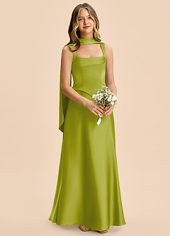Azazie Carmyn Junior Vestido Hierba De Limón de Satén Elástico de Corte en A con Plisado image4
