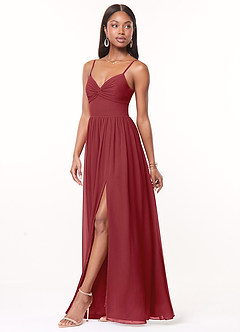 Azazie Zeya Bridesmaid Dresses Pomegranate A-Line V-Neck Pleated Chiffon Dress image4