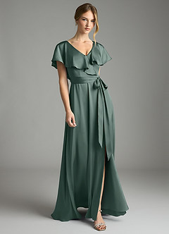 Azazie Lainey Bridesmaid Dresses Sea Moss A-Line with Pockets Stretch Satin Dress image1