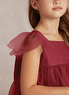 Azazie Kalio Flower Girl Dresses Pomegranate A-Line with Sleeves Tulle Dress image3