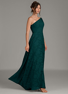 Azazie Melanie Bridesmaid Dresses Pine A-Line One Shoulder Floral Burnout Dress image4