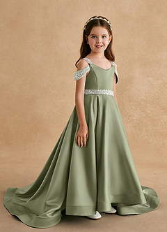 Azazie Jodi Flower Girl Dresses Pistachio A-Line Matte Satin Dress image3