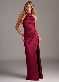 Azazie Jemma Vestidos de damas de honor Vestido de Borgoña de Satén Elástico de Corte Recto con Plisado image3
