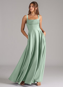 Azazie Shaude Bridesmaid Dresses Agave A-Line Pleated Stretch Satin Dress image3
