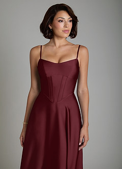Azazie Nona Vestidos de damas de honor Vestido Cabernet de Satén Elástico de Línea A con Plisado image3