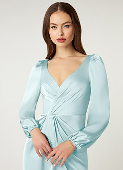 Azazie Mel Bridesmaid Dresses Sea Glass Sheath Long Sleeve Stretch Satin Dress image5