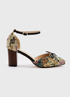 front Floral Tapestry Ankle Strap Block Heels