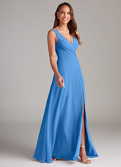Azazie Nelly Robes de demoiselle d'honneur Robe Trapèze en Mousseline de soie Plissée Geai Bleu image3