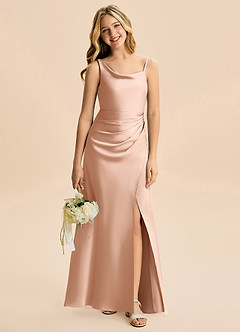 Azazie Abby Junior Robe Trapèze en Satin extensible Plissée Or Rose image1