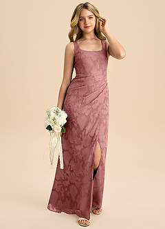 Azazie Mero Junior Vestido de Rosa Polvorienta de Devorado Floral de Corte Recto con Plisado image1