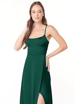 Azazie Halsey Bridesmaid Dresses Emerald Sheath Side Slit Stretch Satin Dress image6