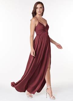 Azazie Raya Bridesmaid Dresses Merlot A-Line V-Neck Pleated Stretch Satin Dress image4