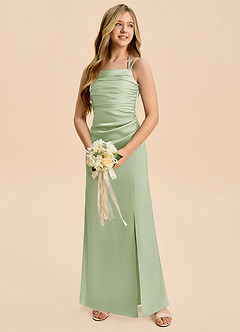 Azazie Nova Junior Dusty Sage A-Line Pleated Stretch Satin Dress image3
