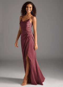 Azazie Deandra Robes de demoiselle d'honneur Robe Sirène en Satin extensible Plissée Merlot image4