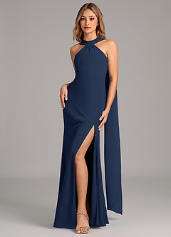 Azazie Kinsley At-home Try On Dresses Dark Navy Mermaid Pleated Chiffon Dress image4