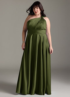 Azazie Charlize Bridesmaid Dresses Olive A-Line One Shoulder Stretch Satin Dress image13