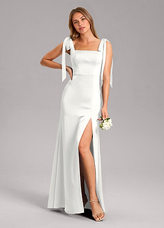 Azazie Frostine Vestidos de damas de honor Vestido de Blanco de Satén Elástico de Corte en A con Lazo image1