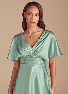 Azazie Pamela Bridesmaid Dresses Agave A-Line Pleated Metallic Satin Dress image1