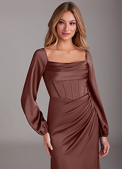 Azazie Charissa Bridesmaid Dresses Espresso Sheath Long Sleeve Stretch Satin Dress image7