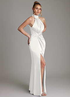 Azazie Gracelynn Vestidos de damas de honor Vestido de Blanco de Satén Elástico de Corte Recto con Plisado image7