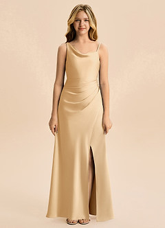 Azazie Abby Junior Gold A-Line Pleated Stretch Satin Dress image5