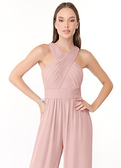 Azazie Berdie Abiti da Damigella Tuta in Chiffon con Scollo Halter Rosa Cipria image5