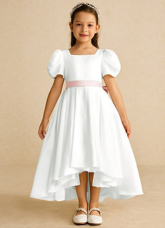 Azazie Zippy Flower Girl Dresses Ivory Blushing Pink A-Line with Sleeves Matte Satin Dress image3