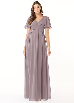 Azazie Verna Robes de demoiselle d'honneur de maternité Robe Trapèze Col V froncé Longueur ras du sol Mousseline de soie image1