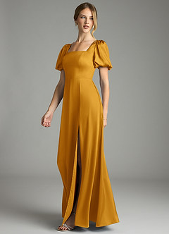 Azazie Fyona Robes de demoiselle d'honneur Robe Trapèze en Satin extensible Plissée Caramel écossais image4