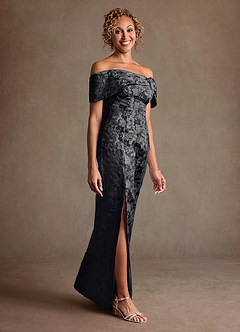 Azazie Zion Mother of the Bride Dresses Black Sheath Off the Shoulder Floral Jacquard Dress image3