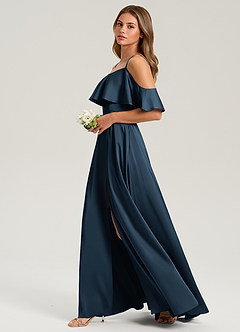 Azazie Jean At-home Try On Dresses Dark Navy A-Line Off the Shoulder Stretch Satin Dress image5