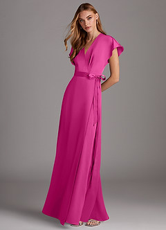 Azazie Nico Bridesmaid Dresses Fuchsia A-Line V-Neck Stretch Satin Dress image4
