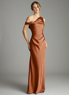 Azazie Emerson Bridesmaid Dresses Copper Mermaid Off the Shoulder Stretch Satin Dress image5