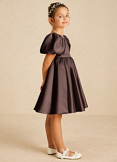 Azazie Muffin Flower Girl Dresses Ganache A-Line with Sleeves Matte Satin Dress image3