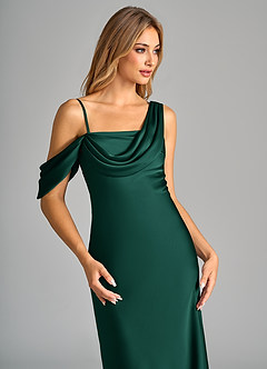 Azazie Celina Bridesmaid Dresses Emerald Sheath Off the Shoulder Stretch Satin Dress image7