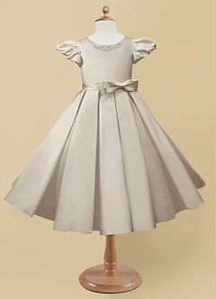 Azazie Jewel Flower Girl Dresses Frost Ball-Gown Pleated Matte Satin Dress image4