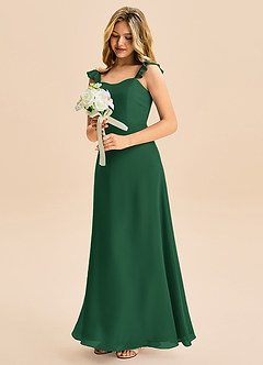 Azazie Mavie Junior Abito A-Line in Chiffon Increspato Verde Scuro image1